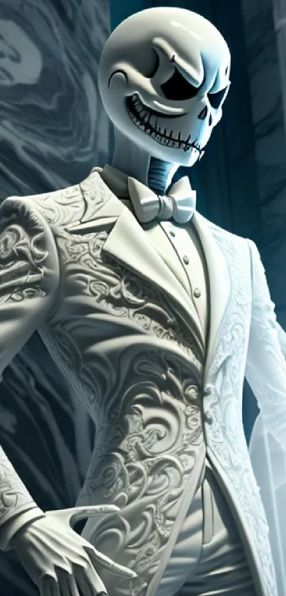 Elegant skeleton in a detailed white suit with a gothic theme.