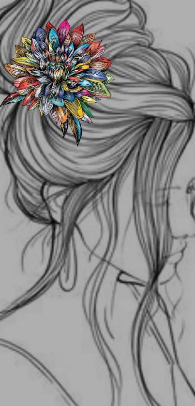 Elegant sketch with floral hair accessory on phone wallpaper.