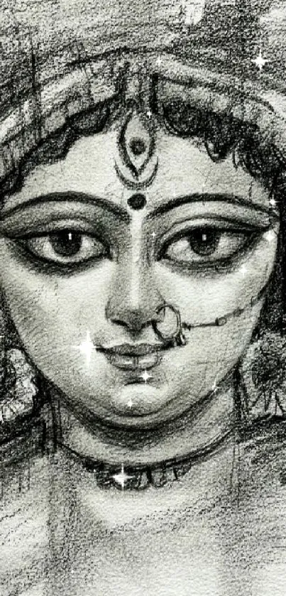 Charcoal sketch of a goddess face with artistic detailing on a mobile wallpaper.