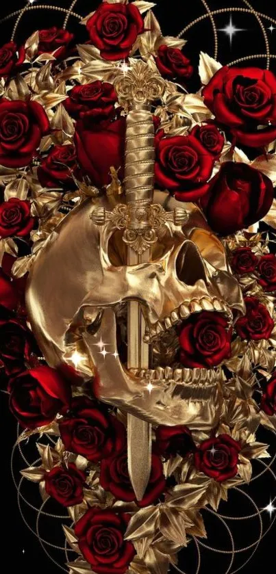 Gold skull with red roses on dark background wallpaper.