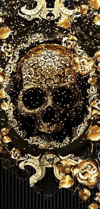 Elegant skull with gold flowers on black background wallpaper.