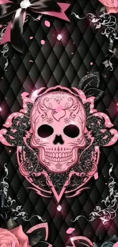 Elegant pink skull and floral wallpaper with roses on quilted background.