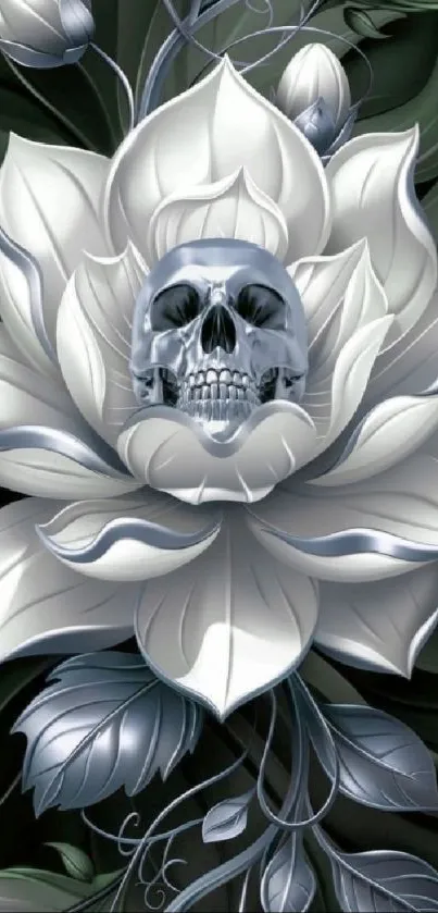 Intricate design of a skull amidst white flower petals.