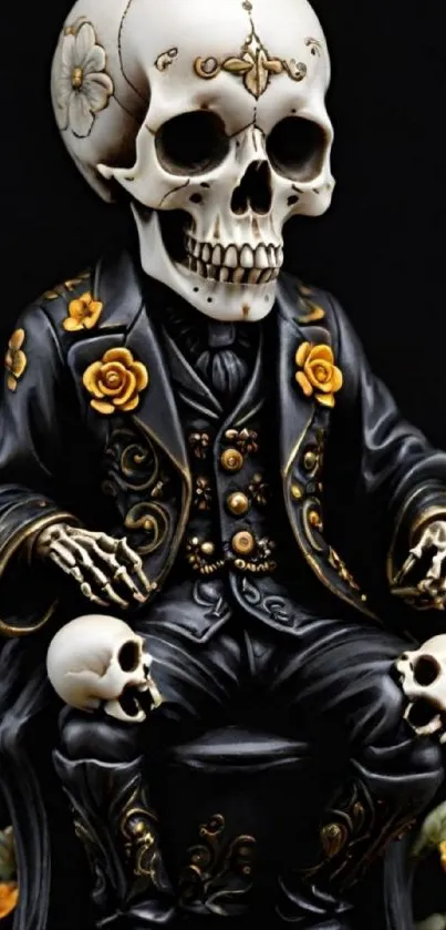 Skull in black suit with floral design on dark background.