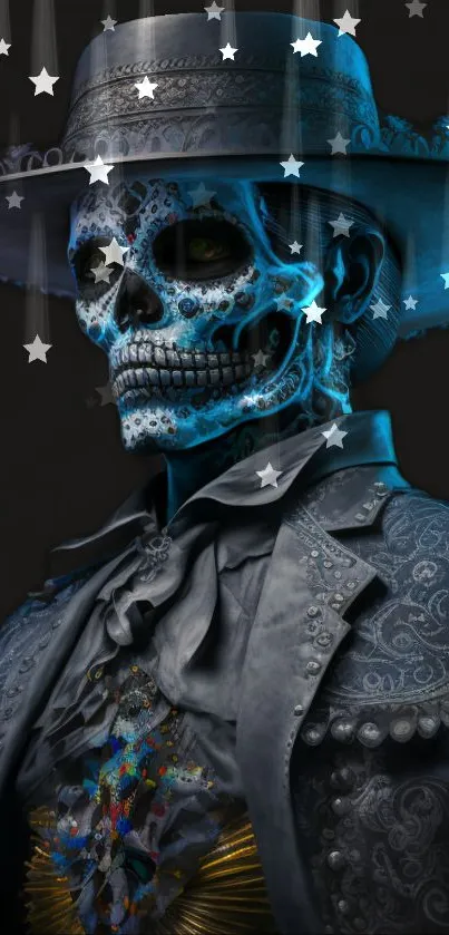 Elegant skull in blue suit with stars on black background.