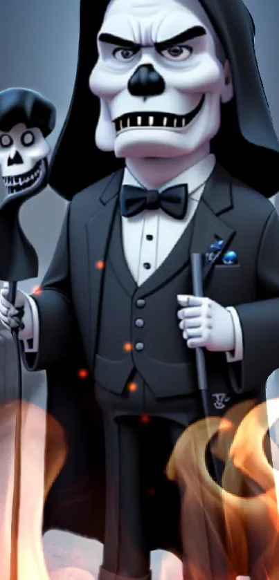 Elegant skeleton in a suit with flames and gothic style.