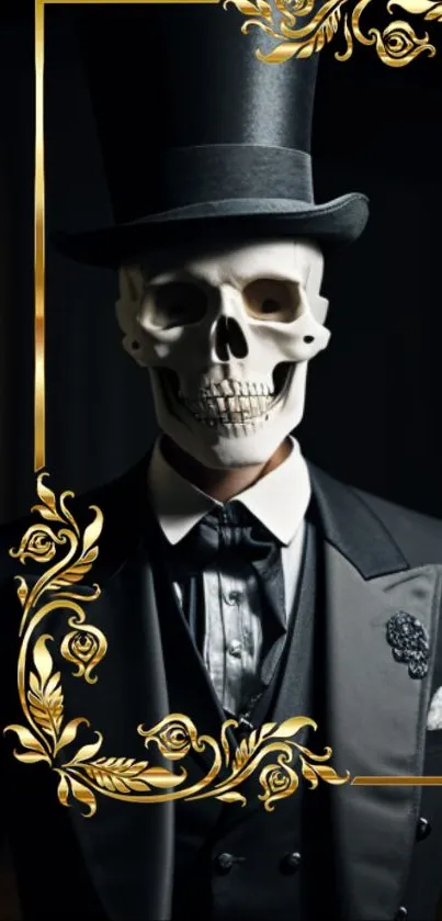 Skull in a tuxedo and top hat with golden floral accents on dark background.