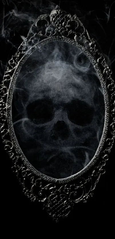 Elegant skull mirror with smoke on a dark background in a mobile wallpaper.