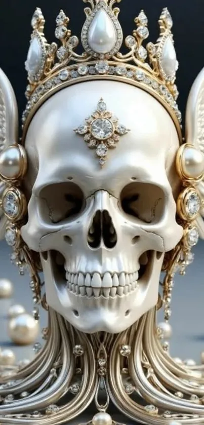 Ornate skull with pearls and gold on wallpaper.