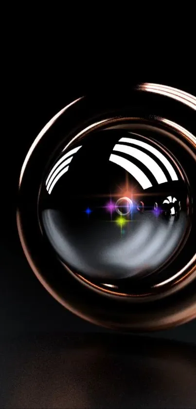 Sleek smartphone lens with vibrant reflections and black background.