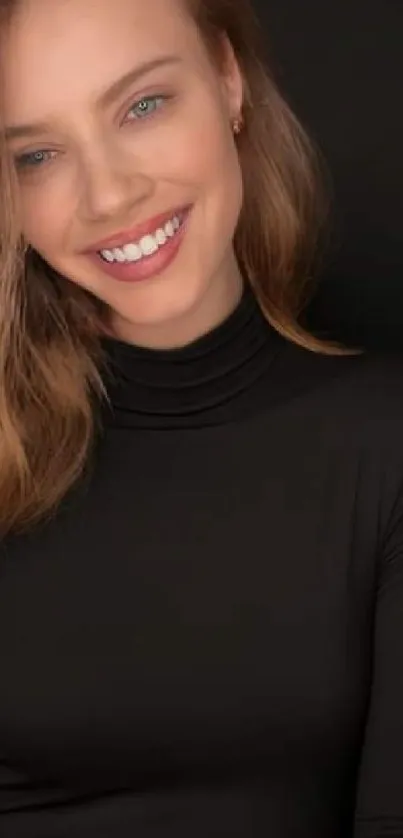 Smiling woman in black turtleneck wallpaper.