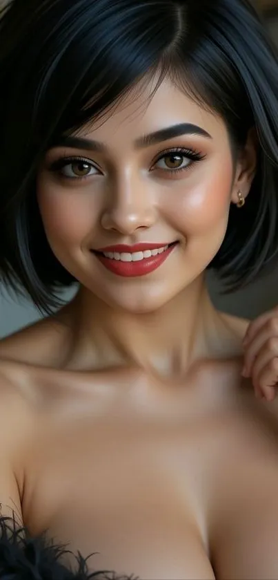 Elegant portrait of a smiling woman with short dark hair.