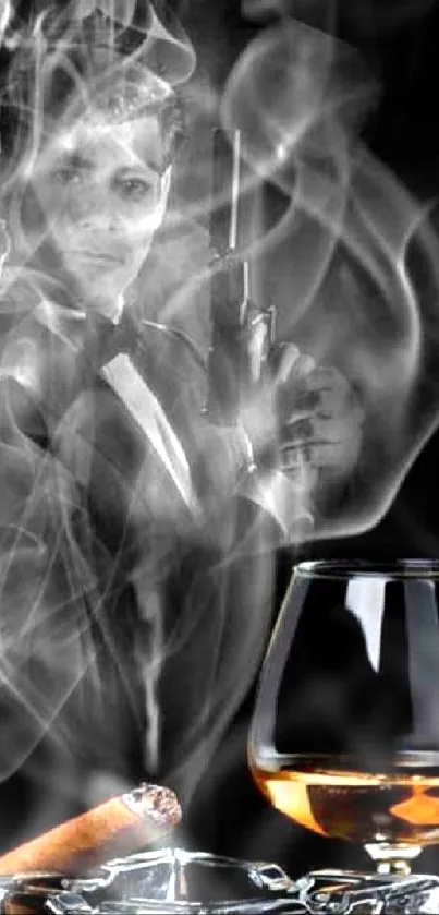 Elegant smoke shape with cigar and glass on black background.