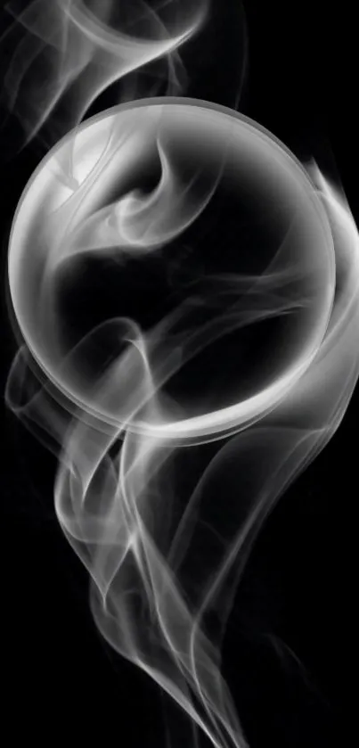 Abstract smoke swirling around a sphere on a black background.