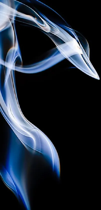 Artistic wallpaper with elegant smoke swirls in blue and white on a black background.