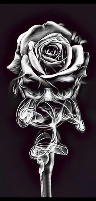 Monochrome abstract rose with smoke design on a black background.