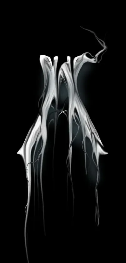 Abstract silver smoke design on a black background.