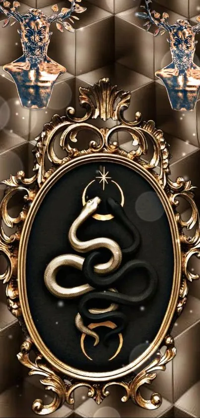 Elegant mobile wallpaper with gold snake and antlers in baroque style.