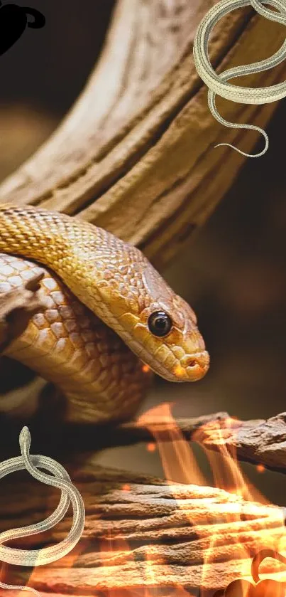 Snake poised elegantly over fire-themed design wallpaper.