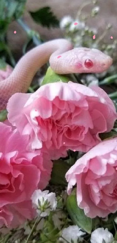 Pale pink snake entwined with pink roses on a mobile wallpaper.