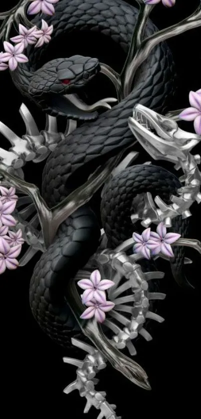 Black snake with pink flowers on dark background wallpaper.