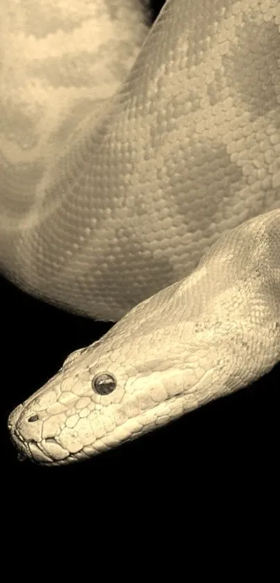 Sepia-toned snake on dark background displaying intricate scales.