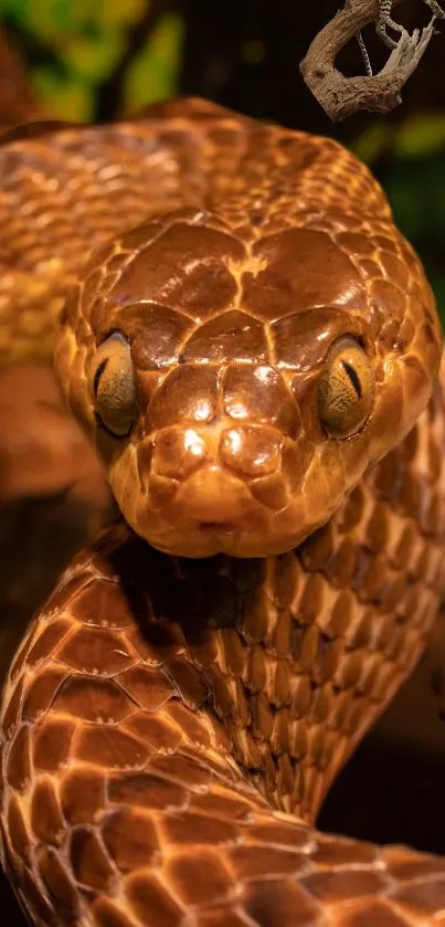 Close-up of a coiled brown snake with detailed scales.