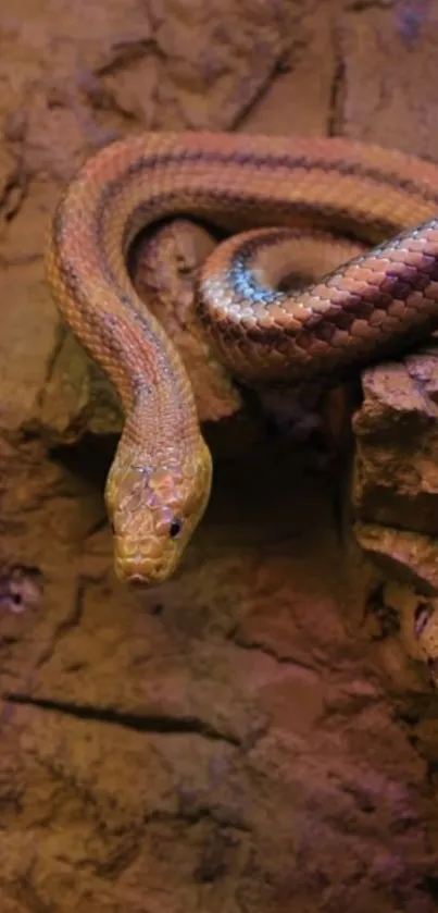 Snake coiled on a rocky surface with earthy tones.