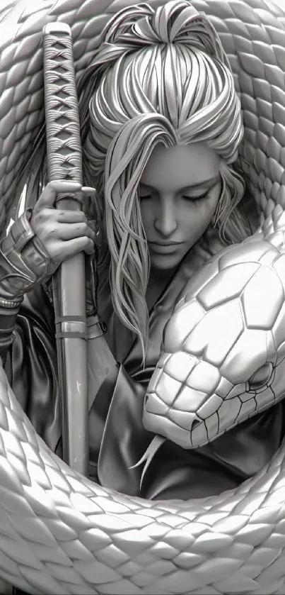 Grayscale artwork of a samurai embraced by a large snake in a striking pose.