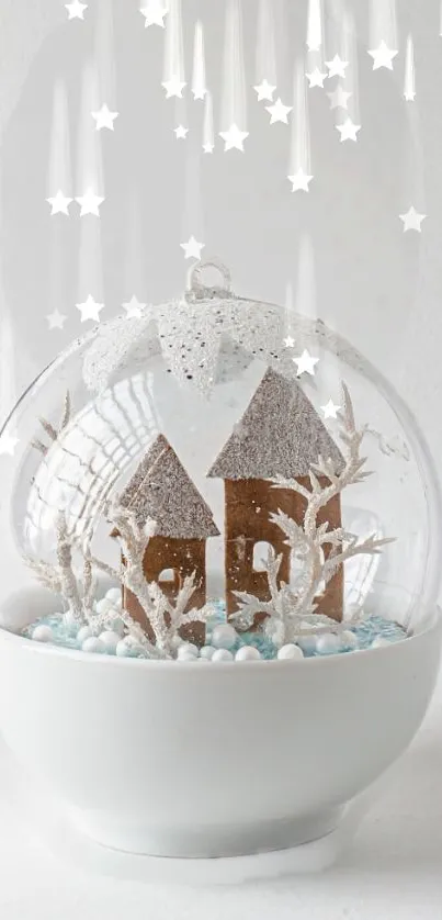 Snow globe with houses inside, on a white background with starry accents.