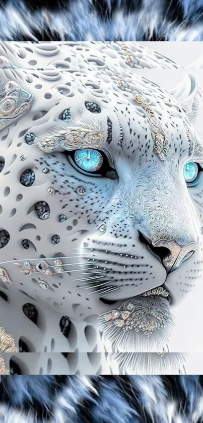 Artistic snow leopard with blue eyes and intricate patterns.