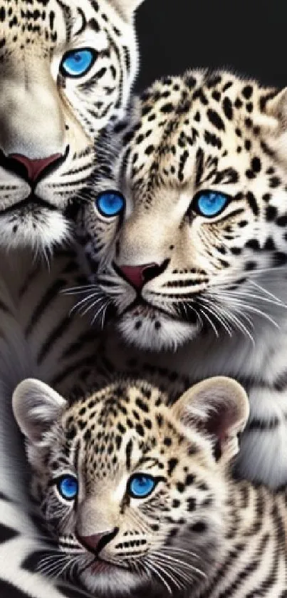 Snow leopard family with blue eyes, digital artwork for mobile wallpaper.