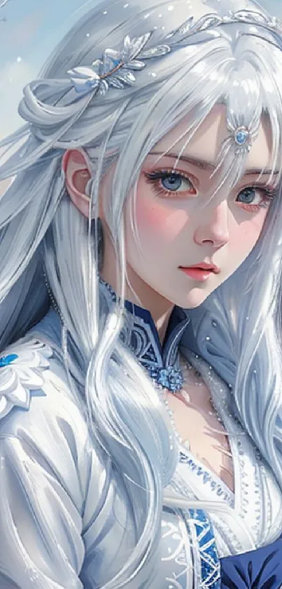 Anime snow maiden with white hair in winter scene, fantasy art wallpaper.