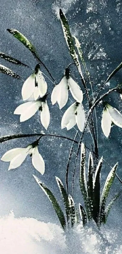 Elegant snowdrop flowers art design wallpaper with a frosty background.