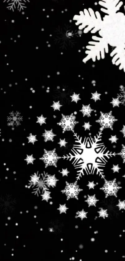 Black wallpaper with elegant white snowflakes creating a winter charm.