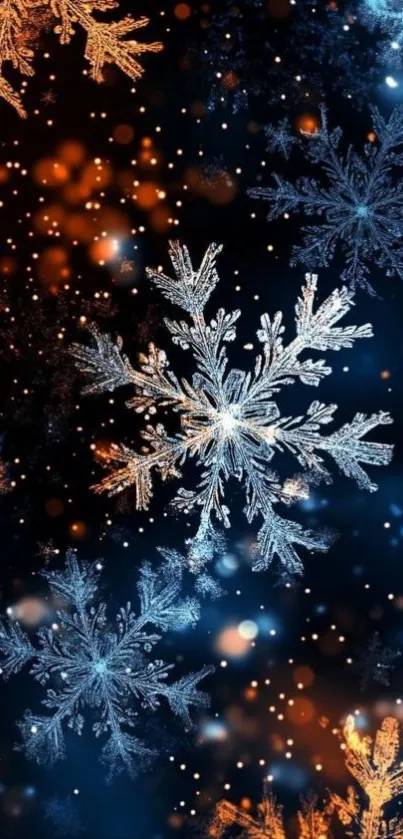 Elegant snowflakes with a glowing blue and orange night background.
