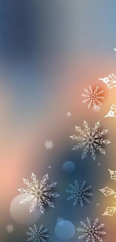 Elegant snowflake wallpaper with a blue-orange gradient background.