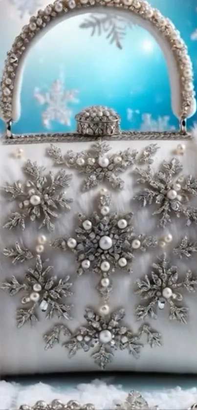 Elegant purse with snowflake design and pearls on a winter background.