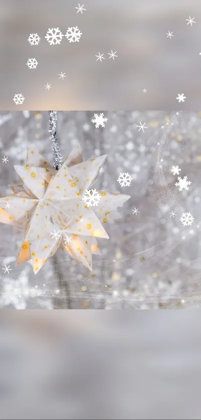 Glowing star ornament with snowflakes in soft gray winter scene.