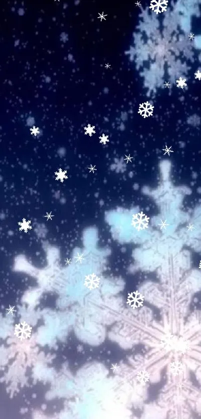 Elegant snowflake design on dark blue background, perfect for mobile wallpaper.