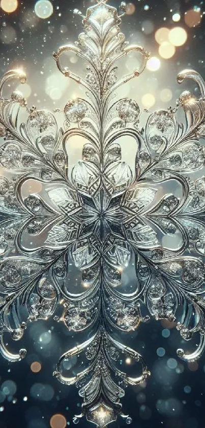 Intricate silver snowflake with bokeh background for a winter-themed mobile wallpaper.