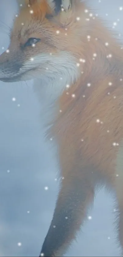 Snowy fox in a serene winter landscape.