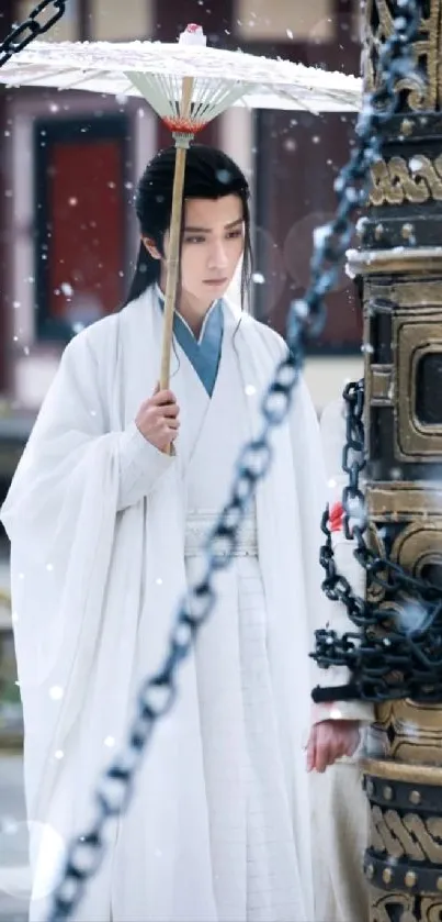 Person in white robe with umbrella in snowy historical setting.