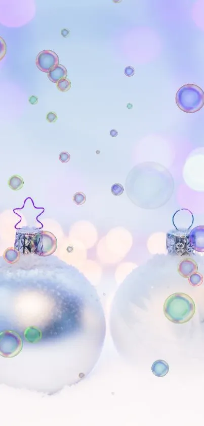 Elegant Christmas ornaments with snowy and bokeh background.