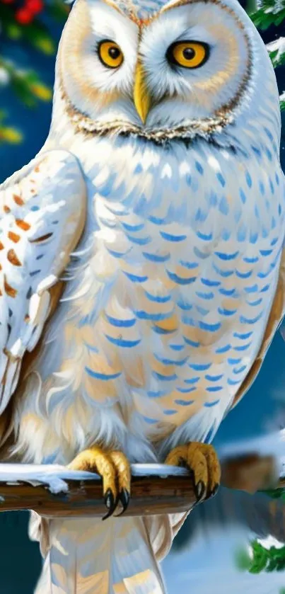 Snowy owl perched on branch in winter scene.