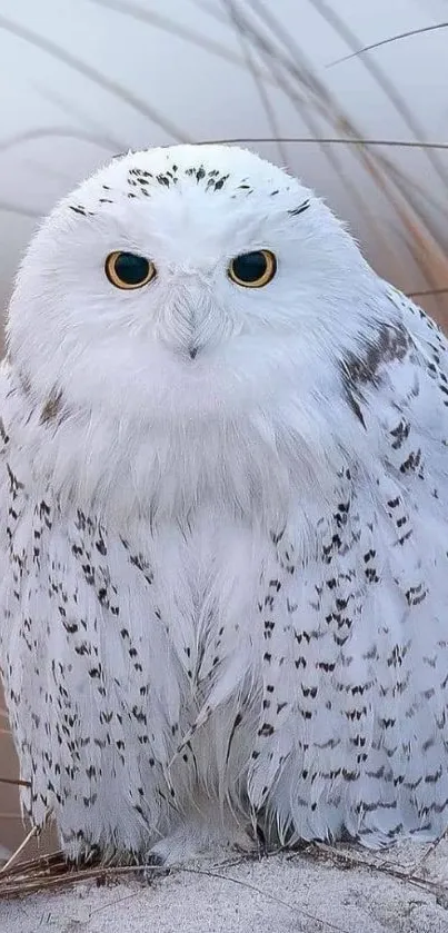 Majestic snowy owl with white feathers and piercing eyes in a natural setting.