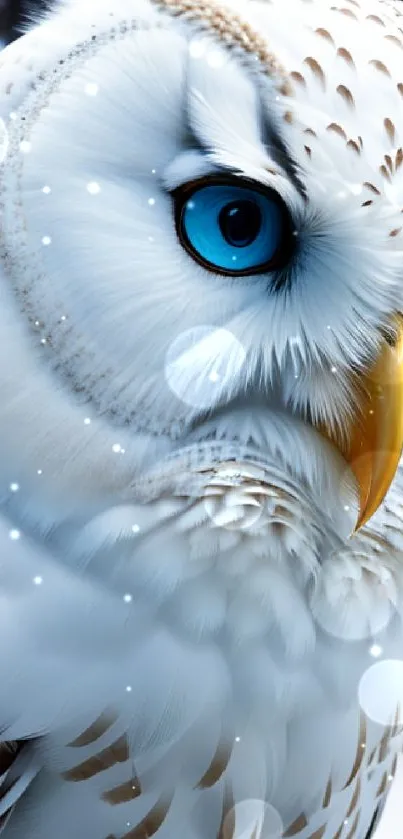 Close-up of a snowy owl with blue eyes and detailed feathers in a winter setting.