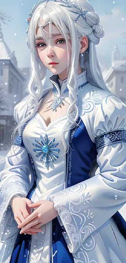 Snowy princess in winter landscape, elegant and serene.