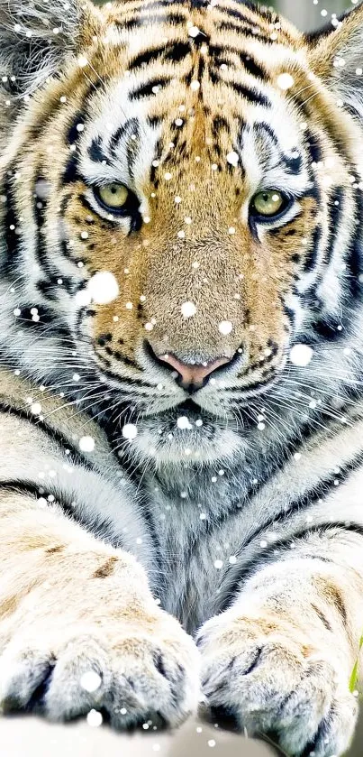 Majestic tiger lying in the snow, creating a serene and powerful visual.