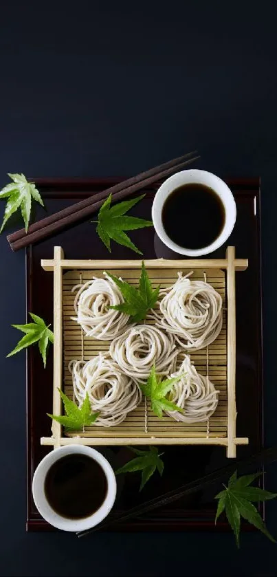 Chic wallpaper with soba noodles, tea, and green leaves on a dark background.